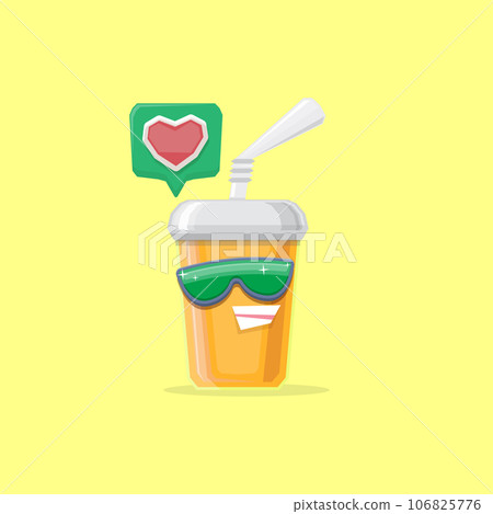 vector funny cartoon cuteorange party paper cola cup with straw and sunglasses isolated on yellow background. funky smiling summer drink character vector funny cartoon cuteorange party paper cola cup with straw and sunglasses isolated on yellow background. funky smiling summer drink character 106825776