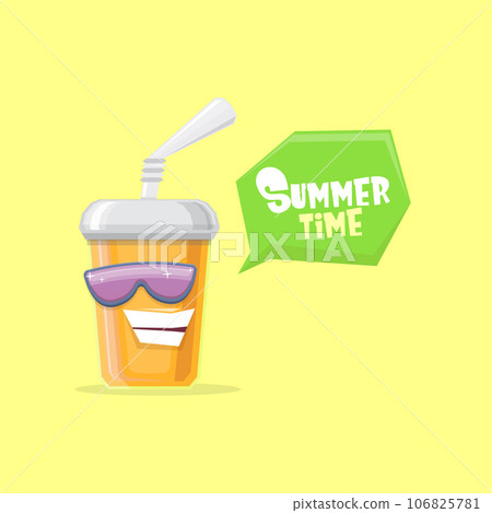 vector funny cartoon cuteorange party paper cola cup with straw and sunglasses isolated on yellow background. funky smiling summer drink character 106825781