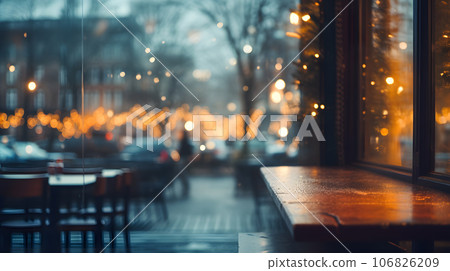 Restaurant ambient with blurred background view outside windows. Cafe with table in clam and warm surrounding. Restaurant ambient with blurred background view outside windows. Cafe with table in clam and warm surrounding. 106826209