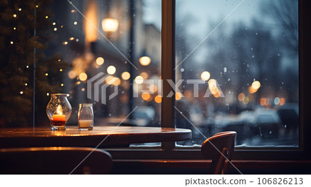 Restaurant ambient with blurred background view outside windows. Cafe with table in clam and warm surrounding. Restaurant ambient with blurred background view outside windows. Cafe with table in clam and warm surrounding. 106826213