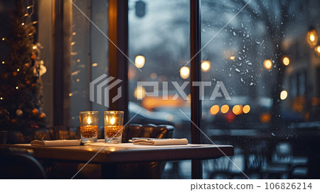 Restaurant ambient with blurred background view outside windows. Cafe with table in clam and warm surrounding. 106826214