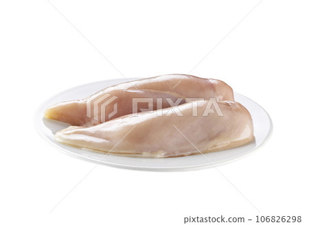 bowl with skinless raw chicken breast isolated on white background. bowl with skinless raw chicken breast isolated on white background. 106826298