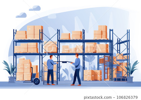 Warehouse worker checking the barcode of parcels Warehouse worker checking the barcode of parcels 106826379