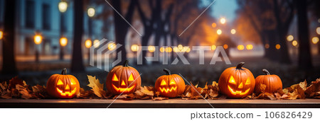 Happy Halloween pumpkin outdoor. Horizontal banner. Happy Halloween pumpkin outdoor. Horizontal banner. 106826429