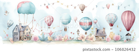 Cute landscape with flowers and colorful balloons Cute landscape with flowers and colorful balloons 106826432