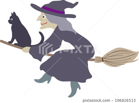 可愛時尚的矢量插圖，一隻穿著黑衣服的黑貓和一個騎著掃帚在天空中飛翔的壞女巫，面朝左 106826513