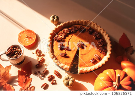 Festive homemade appetizing ripe pumpkin pie, pumpkin tart. Traditional fall baking, Thanksgiving 106826571