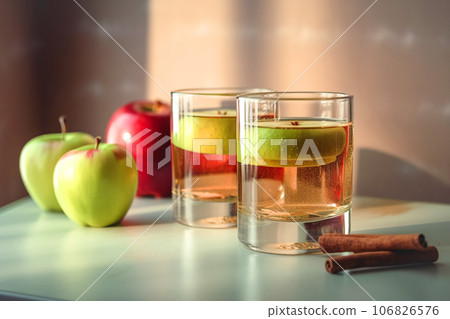 Seasonal drink cider from ripe apples, apple wine in small glasses and bottles on kitchen table 106826576