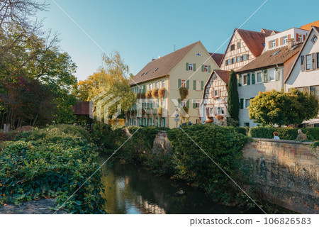 Old national German town house in Bietigheim-Bissingen, Baden-Wuerttemberg, Germany, Europe. Old Town is full of colorful and well preserved buildings. Old national German town house in Bietigheim-Bissingen, Baden-Wuerttemberg, Germany, Europe. Old Town is full of colorful and well preserved buildings. 106826583