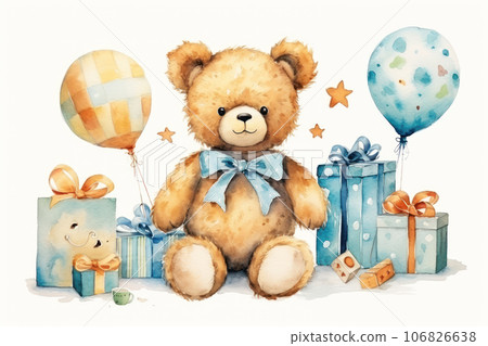 Funny bear with gifts, flowers and balloons Funny bear with gifts, flowers and balloons 106826638