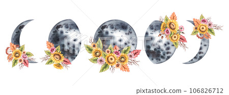 Watercolor moon set with autumn bouquets isolated 106826712