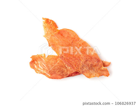 Meat Jerky Isolated, Dry Salted Chicken Slices, Small Pieces of Dehydrated Beef, Beer Snacks, Dried Pork Meat Jerky Isolated, Dry Salted Chicken Slices, Small Pieces of Dehydrated Beef, Beer Snacks, Dried Pork 106826937
