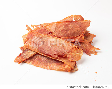 Meat Jerky Isolated, Dry Salted Chicken Slices, Small Pieces of Dehydrated Beef, Beer Snacks, Dried Pork 106826949
