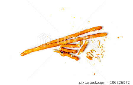Bread Sticks Isolated, Crumbled Broken Pretzel Sticks, Straws Pieces, Sesame Grissini, Pretzels Snack 106826972