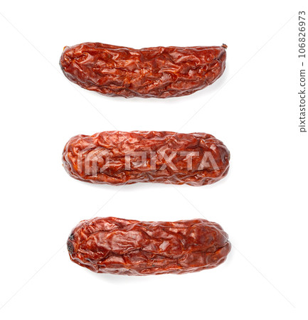 Dry Smoked Sausages Isolated, Salami Sticks, Kielbasa, Cabanossi, Kabanos, Dry Embutido, Chorizo, Bratwurst 106826973