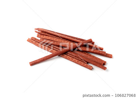 Fish Jerky Isolated, Dry Salted Seafood Snack, Hake Stockfish, Small Pieces of Dehydrated Pollock 106827068