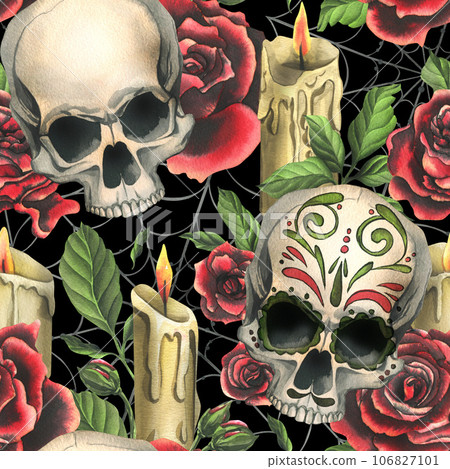 Human skulls with an ornament, red roses, candles and cobwebs. Hand drawn watercolor illustration for Halloween, day of the dead, Dia de los muertos. Seamless pattern on black background Human skulls with an ornament, red roses, candles and cobwebs. Hand drawn watercolor illustration for Halloween, day of the dead, Dia de los muertos. Seamless pattern on black background 106827101