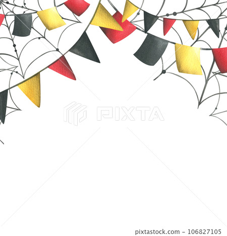 garlands with red, black and yellow flags are square and triangular with cobwebs. Hand drawn watercolor illustration for day of the dead, halloween, Dia de los muertos. Template on white background. garlands with red, black and yellow flags are square and triangular with cobwebs. Hand drawn watercolor illustration for day of the dead, halloween, Dia de los muertos. Template on white background. 106827105