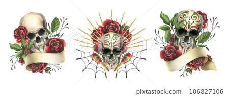 Human skulls with hand drawn ornament with ribbon for text, red roses. Hand drawn watercolor illustration for Halloween, day of the dead, Dia de los muertos. Set of compositions on a white background Human skulls with hand drawn ornament with ribbon for text, red roses. Hand drawn watercolor illustration for Halloween, day of the dead, Dia de los muertos. Set of compositions on a white background 106827106