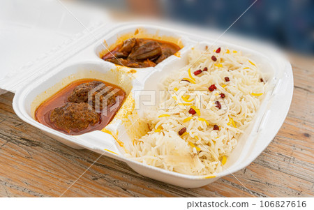 Kofta and Kabuli Pulao, Afghani Cuisine with Lamb Meat Balls, Pilaf or Pilau, Traditional Afghanistan Pilaw 106827616