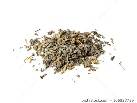 Green Tea Leaves Mix Isolated, Dry Fresh Herbal Tea Pile, Healthy Drink Ingredient, Green Tea Leaves on White 106827789