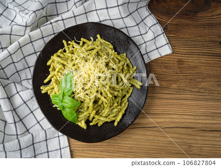 Trofie Al Pesto, Italian Pasta with Pesto Sauce, Traditional Genovese Troffie, Fusilli Pugliesi, Liguria Food Trofie Al Pesto, Italian Pasta with Pesto Sauce, Traditional Genovese Troffie, Fusilli Pugliesi, Liguria Food 106827804