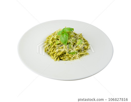 Trofie Al Pesto, Italian Pasta with Pesto Sauce, Traditional Genovese Troffie, Fusilli Pugliesi, Liguria Food Trofie Al Pesto, Italian Pasta with Pesto Sauce, Traditional Genovese Troffie, Fusilli Pugliesi, Liguria Food 106827816