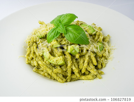 Trofie Al Pesto, Italian Pasta with Pesto Sauce, Traditional Genovese Troffie, Fusilli Pugliesi, Liguria Food Trofie Al Pesto, Italian Pasta with Pesto Sauce, Traditional Genovese Troffie, Fusilli Pugliesi, Liguria Food 106827819