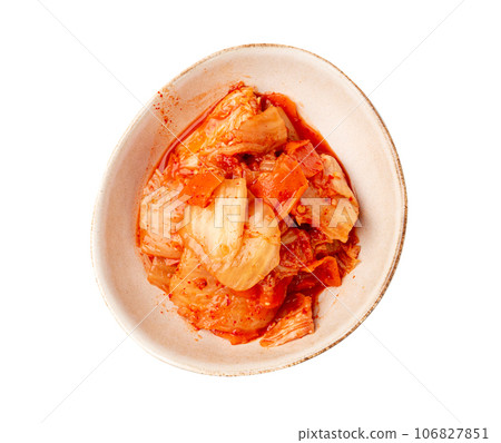 Kimchi Isolated, Kimchee in White Bowl, Red Spicy Kim Chi, Hot Fermented Napa Cabbage, Traditional Jimchi 106827851