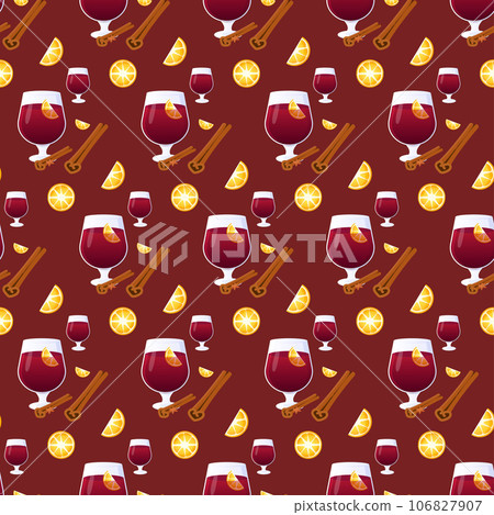 Seamless pattern with wine, mulled wine and lemon and cinnamon. Seamless pattern with wine, mulled wine and lemon and cinnamon. 106827907