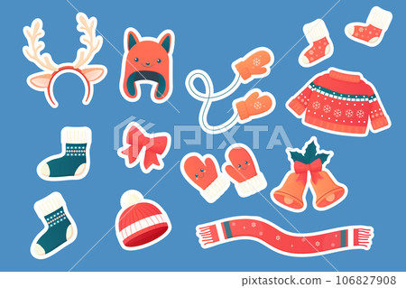 stickers with winter accessories, clothes, hats, scarf, jumper, socks, bells stickers with winter accessories, clothes, hats, scarf, jumper, socks, bells 106827908