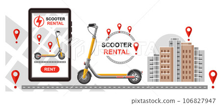 Electric kick scooter rental, online rent push e-scooter mobile phone app, electro motor bike sharing service. City road transport. Internet GPS navigation map route tracking. Parking station vector 106827947