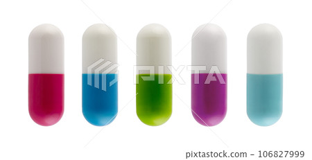 Medicine colorful pill capsules isolated on white background Medicine colorful pill capsules isolated on white background 106827999