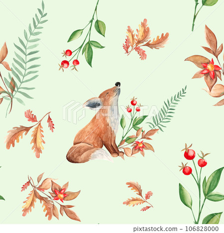 Seamless watercolor pattern with cute baby fox, oak leave, red berries and branch with red flower on black background. Botanical hand drawn illustration. Can be used for gift wrapping paper, kitchen 106828000