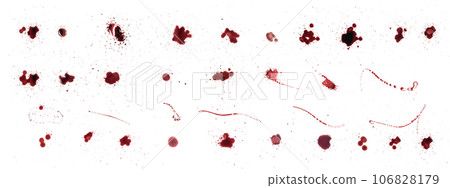 Set of blood drops. Blood stains. Red puddles isolated on transparent background. Halloween decorations 106828179