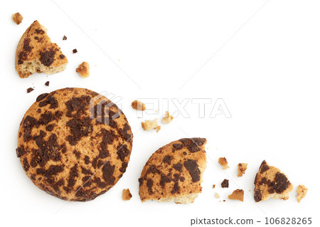 oatmeal chocolate chip cookie isolated on white background. Top view. Flat lay oatmeal chocolate chip cookie isolated on white background. Top view. Flat lay 106828265