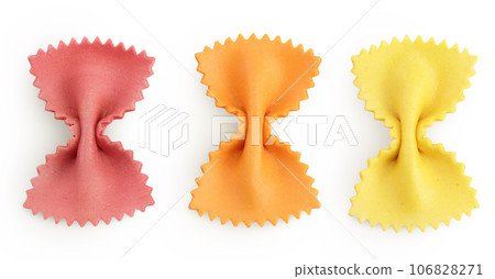colorful farfalle pasta isolated on white background with full depth of field. Top view. Flat lay. colorful farfalle pasta isolated on white background with full depth of field. Top view. Flat lay. 106828271