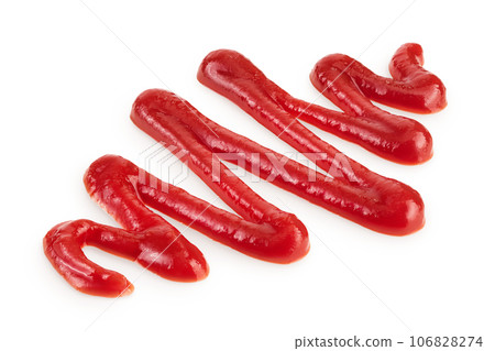 Red tomato sauce or ketchup isolated on white background . Top view. Flat lay Red tomato sauce or ketchup isolated on white background . Top view. Flat lay 106828274