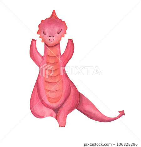 Red dragon meditating and practicing Vrikshasana. Animal doing yoga exercises. Cartoon dragon, tree pose, Vrksasana, Vriksasana. Watercolor illustration 106828286