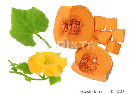 Fresh orange pumpkin isolated on white background with clipping path and full depth of field. Top view. Flat lay Fresh orange pumpkin isolated on white background with clipping path and full depth of field. Top view. Flat lay 106828291