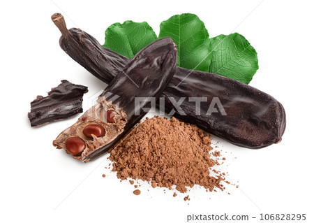 Carob pod and powder isolated on white background with full depth of field. Carob pod and powder isolated on white background with full depth of field. 106828295
