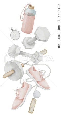 Sports exercise equipment on white isolated background. Hand drawn watercolor female fitness accessories illustration. Vertical composition of training items for women. Drawing of gym workout tools. Sports exercise equipment on white isolated background. Hand drawn watercolor female fitness accessories illustration. Vertical composition of training items for women. Drawing of gym workout tools. 106828422