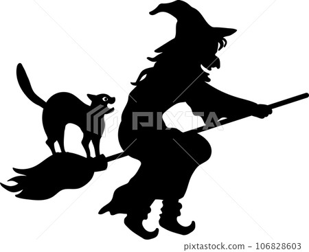 Cute fashionable silhouette of a black cat in black clothes and a bad witch flying in the sky on a broomstick, vector illustration for background, facing right 106828603