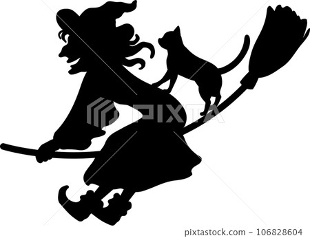 一隻穿著黑衣服的黑貓和一個騎著掃帚在天空中飛翔的壞女巫的可愛時尚剪影背景矢量插圖，面向左側 106828604