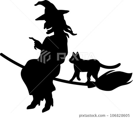 一隻穿著黑衣服的黑貓和一個騎著掃帚在天空中飛翔的壞女巫的可愛時尚剪影背景矢量插圖，面向左側 106828605