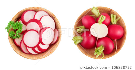 Radish slices in wooden bowl isolated on white background. Top view. Flat lay 106828752