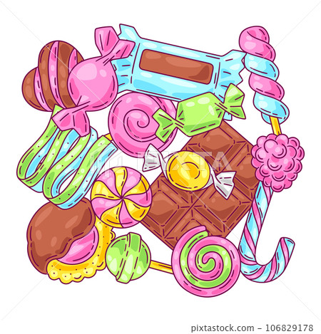Background with candies and sweets. Design for confectionery or candy shop. Background with candies and sweets. Design for confectionery or candy shop. 106829178
