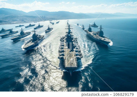 Modern military naval warships in open sea. Military naval exercises 106829179