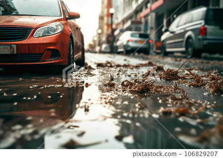 Flooded cars on on city street. Dirt and destruction after natural flood disaster 106829207