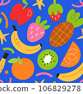 Tropical fruits pattern, pineapple, banana and strawberry illustrations, bright colorful print with bold drawings, seamless vector background, repeat tile 106829278